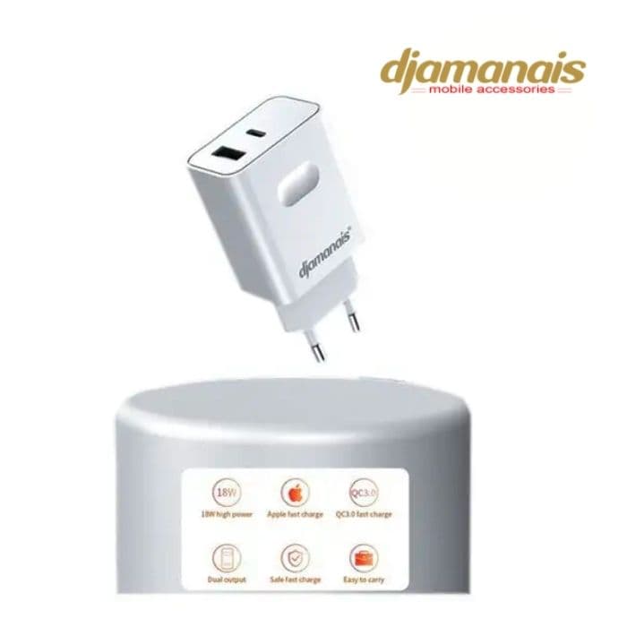 Chargeur fast PD18W + QC3.0 avec câble 5A type-C DMA02 Djamanais